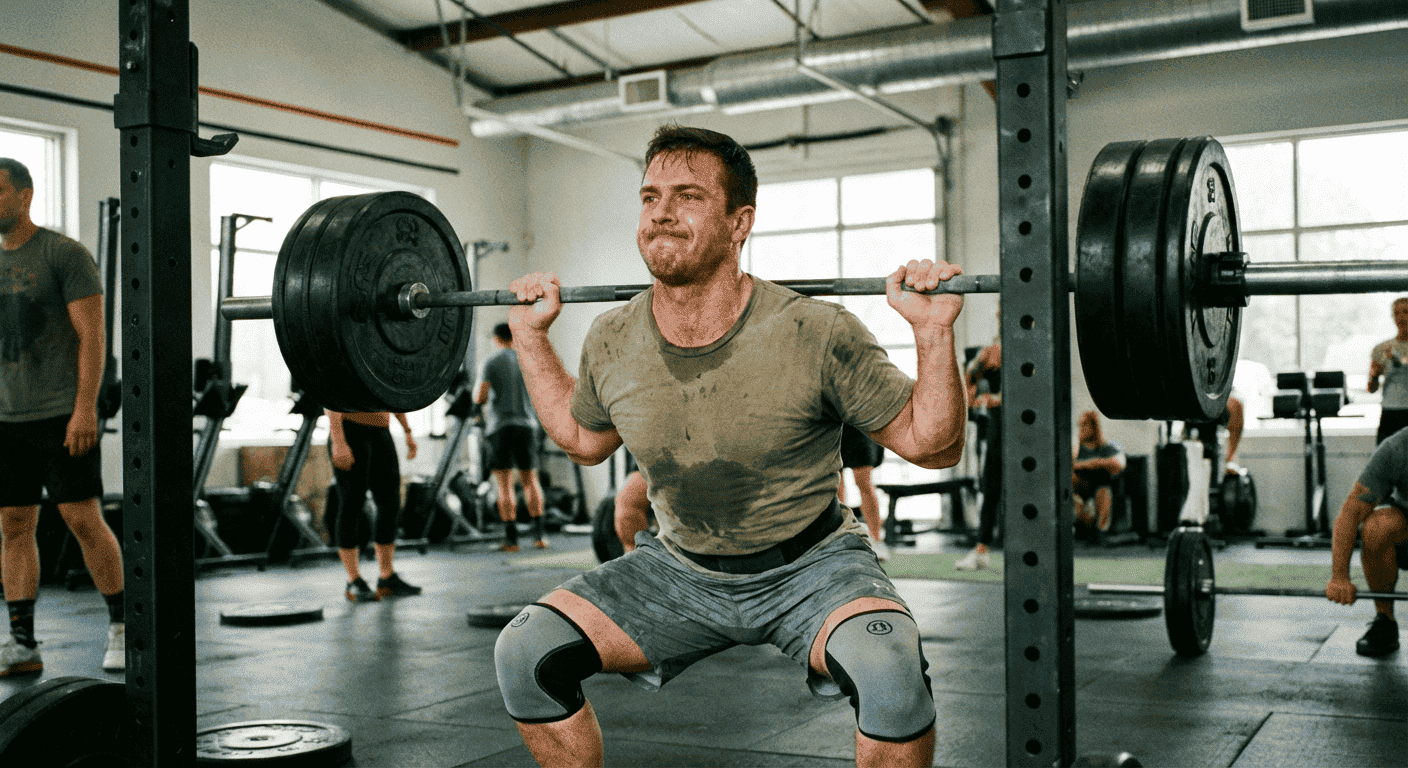 Мужчина в спортивном зале делает приседания со штангой